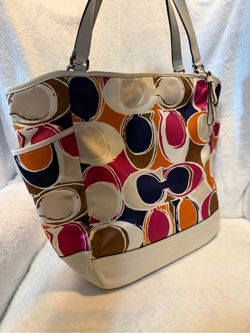 Coach Multicolor Part Op Art Satin & Leather Carrie Tote